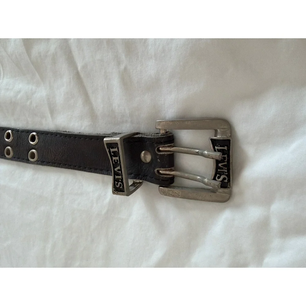 Levi's 501 Black Leather Double Prong Grommet Belt Silver Hardware